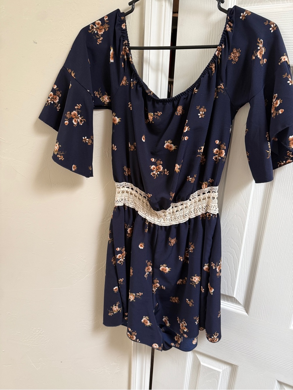 Rue21 Navy Floral Off-Shoulder Romper with Lace Waist